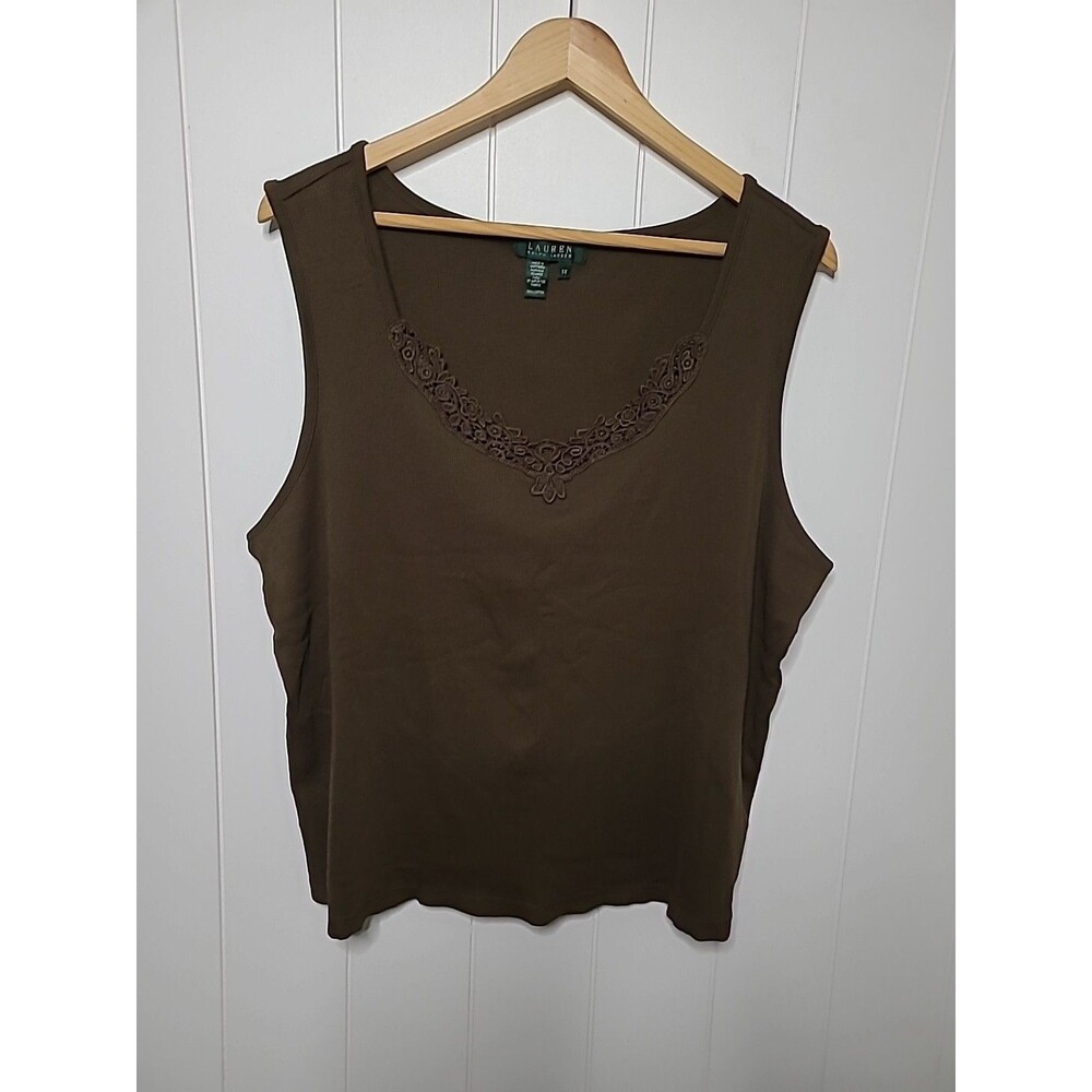 Lauren Ralph Lauren Embroidered Lace Tank Top Women's Cotton Ribbed 3X Green